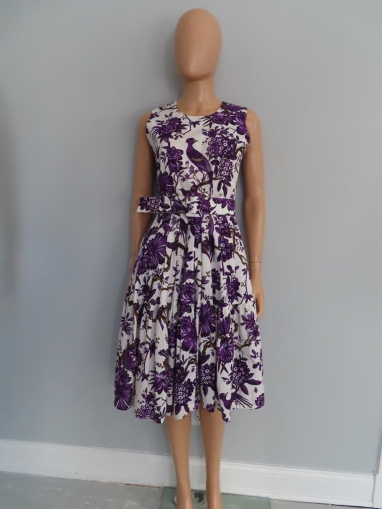 Samantha Sung Purple/White Floral/Bird Print Cotton Pleated