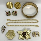 Vintage Gold Tone Metal Rhinestones Costume Jewelry Lot Some Signed