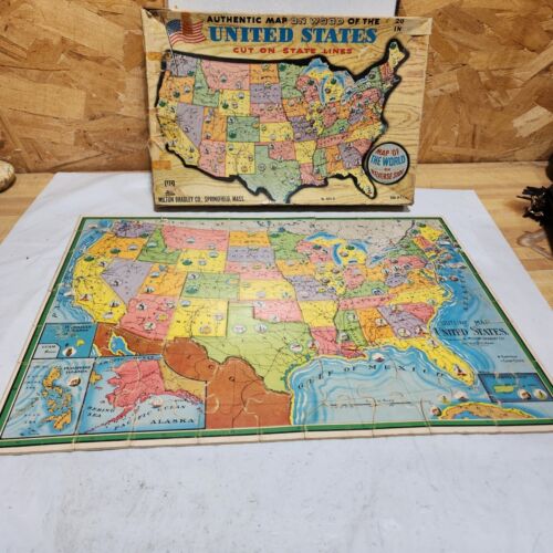 Carte vintage du puzzle des États-Unis Milton Bradley 1961 complète 2 faces - Photo 1/13