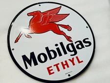 12” Mobil Ethyl Gasoline Mobilgas PORCELAIN ENAMEL SIGN Motor OIL GAS PUMP PLATE