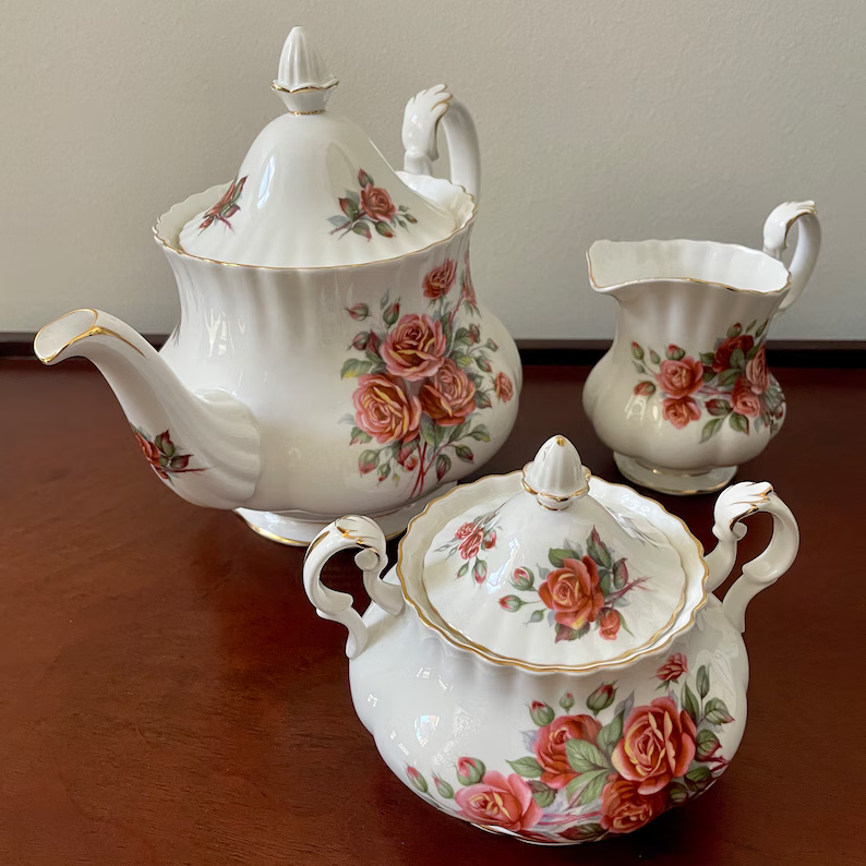 Royal Albert Centennial Rose Teapot, Creamer Sugar Bowl