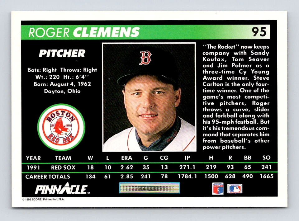 1992 Pinnacle Card, #95 Roger Clemens, Boston Red Sox Hall of Fame - Image 2 of 3