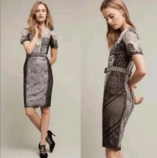 Beguile Byron Lars Melange Dress 8 Lace Chain Sequin Belt Black & Cream Cocktail