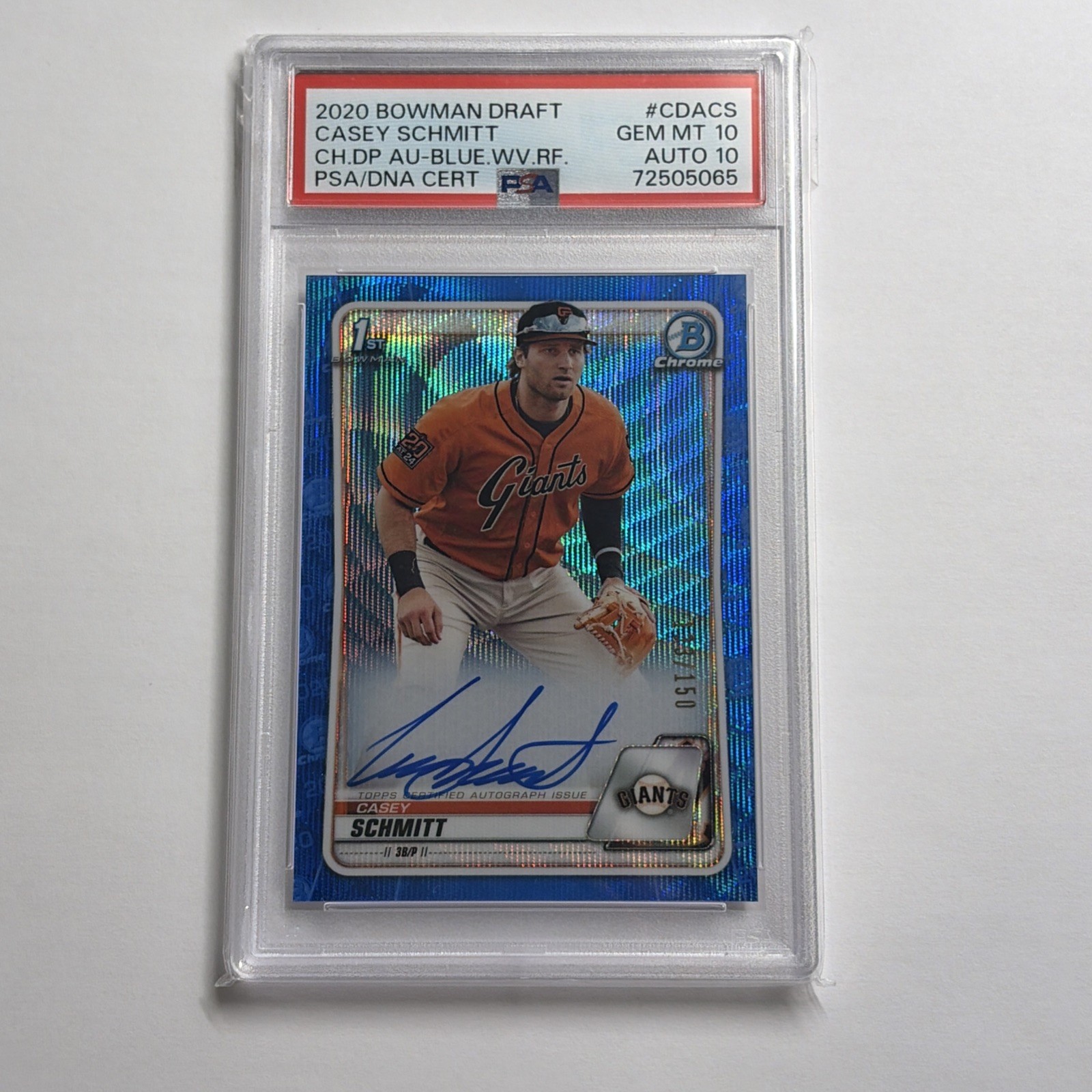 2020 Bowman Draft Casey Schmitt Chrome Auto 1st Blue Wave Refractor #/150 PSA 10