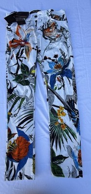 Roberto Cavalli Men Jeans 33 White Floral Bird Print Slim Fit Italy NWT