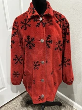 Vtg 90s Arctic Circle Red Fleece Jacket Snowflake Pattern Button Front Mexico