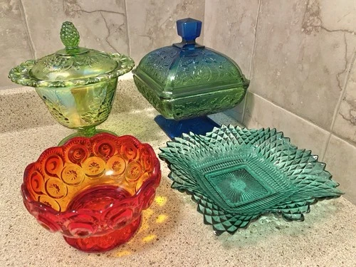 Vintage Colored Glass Candy Bowls & Dishes Blue Green Red Jeanette Carnival