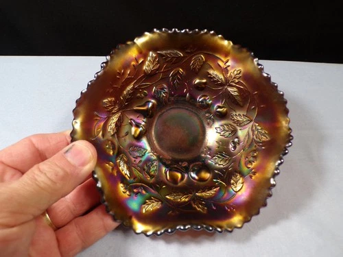 Vintage Northwood Amethyst Carnival Glass Fruits & Flowers Small Bowl 6" Wide #2