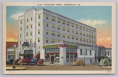 Vintage Dixie-Hunt Hotel Gainesville GA Postcard Dixie Drug Co. Cars  J1187