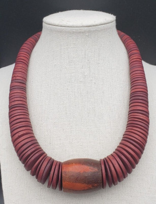 Vintage UNIQUE Leather Wood Snake Graduated Necklace 17 in