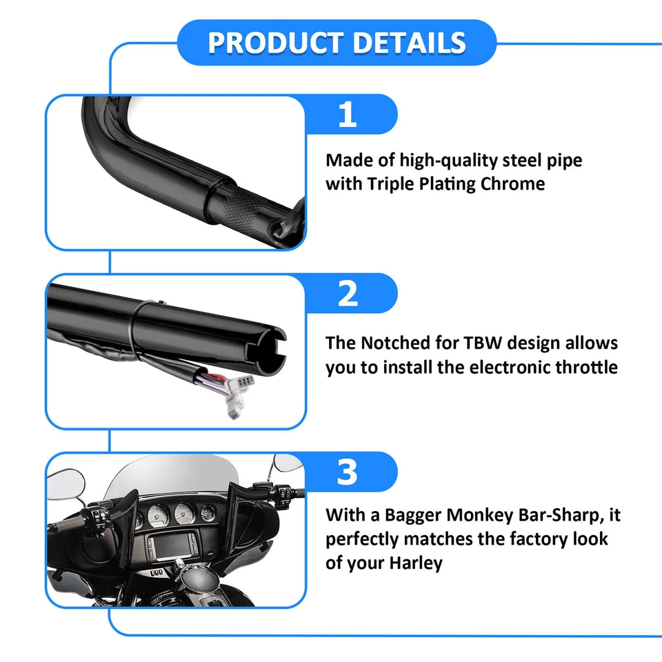 Manillar excavadora Meathook de 12" precableado 1-1/4" para Harley Touring FLHT 2014-2023 Foto 4 de 4