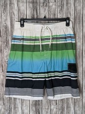 Men's Blue/Green/Black/White Striped Swim Trunks Shorts Size L