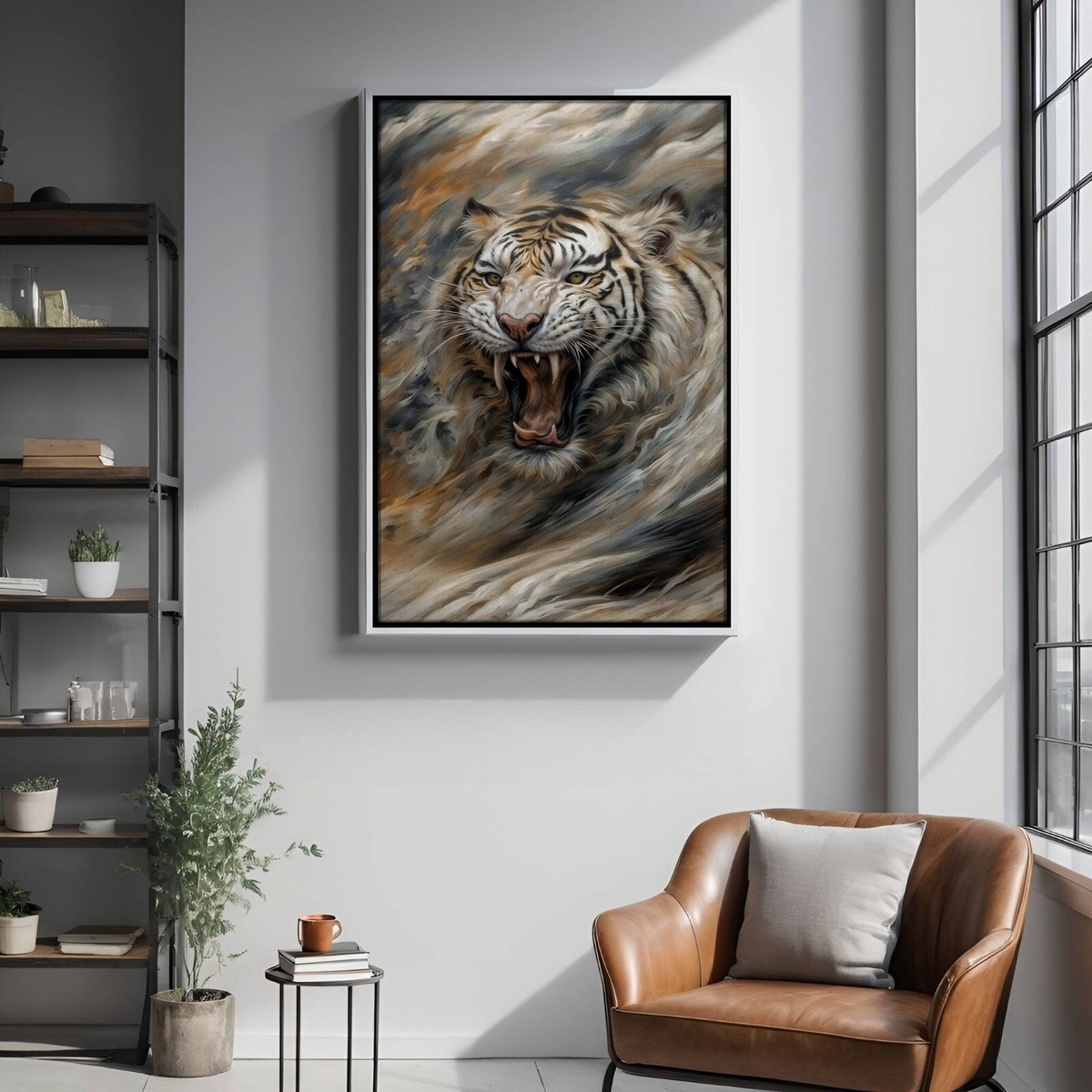 Wildlife Wall Art Prints Framed Canvas White Tiger Oil Portrait 