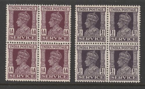 INDIA KGVI 1939/42 SG0144b AND SG0146b VALUES X 2 IN BLOCKS OF 4 UNMOUNTED MINT