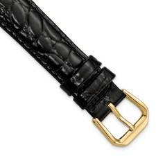 16mm Short Black Alligator-Style Grain Leather Gold-tone Buckle Watch Band
