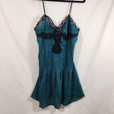 vtg victoria secret gold label babydoll chemise slip green blk sz L coquette