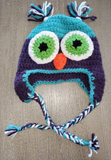 GIRLS KNIT OWL WINTER HAT blue purple braids small child SO CUTE 