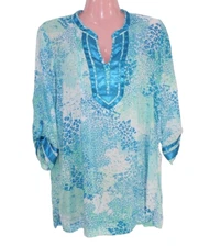Calvin Klein Jeans Womens Top Size Small Printed Kurta Sunkist Blue V Neck Tunic