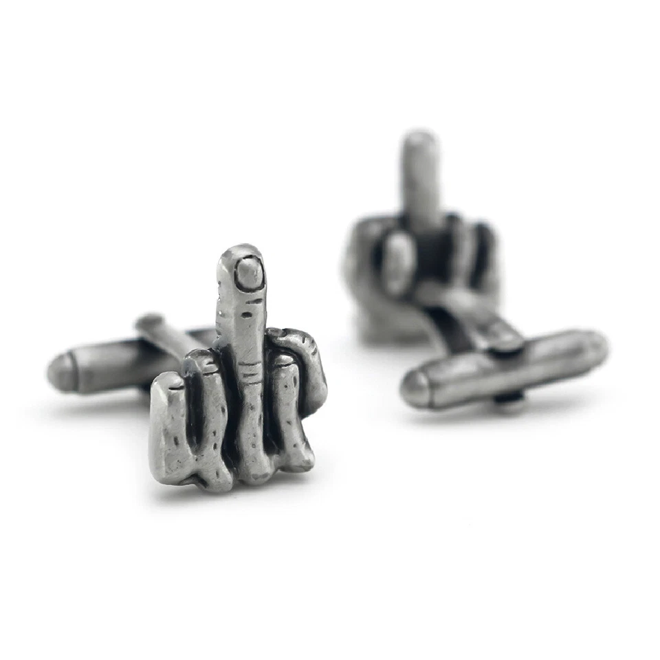 MIDDLE FINGER CUFFLINKS Funny Rude Gesture Gag Gift Gunmetal Gray NEW w GIFT BAG Foto 3 de 4