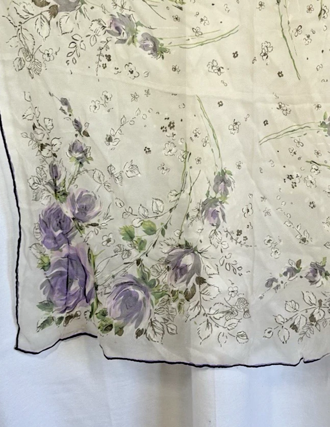 Vintage Scarf Purple Roses w/ White & Gold leaves 30x30 Sheer Cottage core - Image 4 of 4