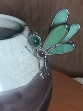 Vintage Jadite Green Stained Glass Flower Pot Hanger - Dragonfly