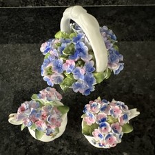Royal Stratford, 2  Flowers In Mini Jugs, Aristocrat Forget Me Not  In Basket