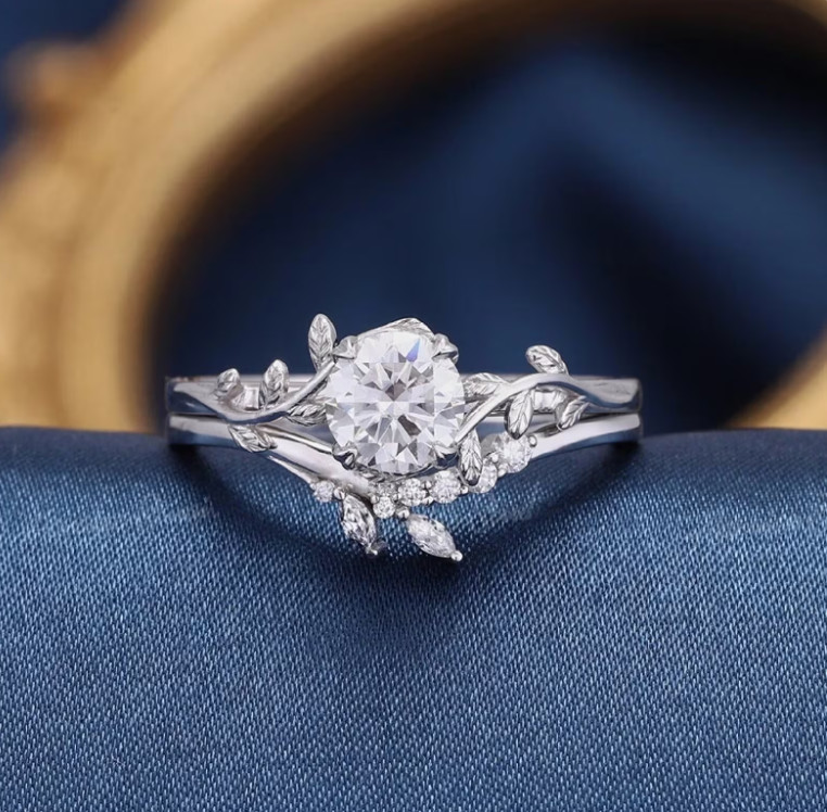 2.50 Ct Round Cut Moissanite Leaf Style Engagement Ring Set Solid 14k White Gold