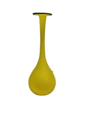 Vtg 80's Yellow Hand Blown Glass Vase W/Blue Rim By C. Moretti For Murano Glass 