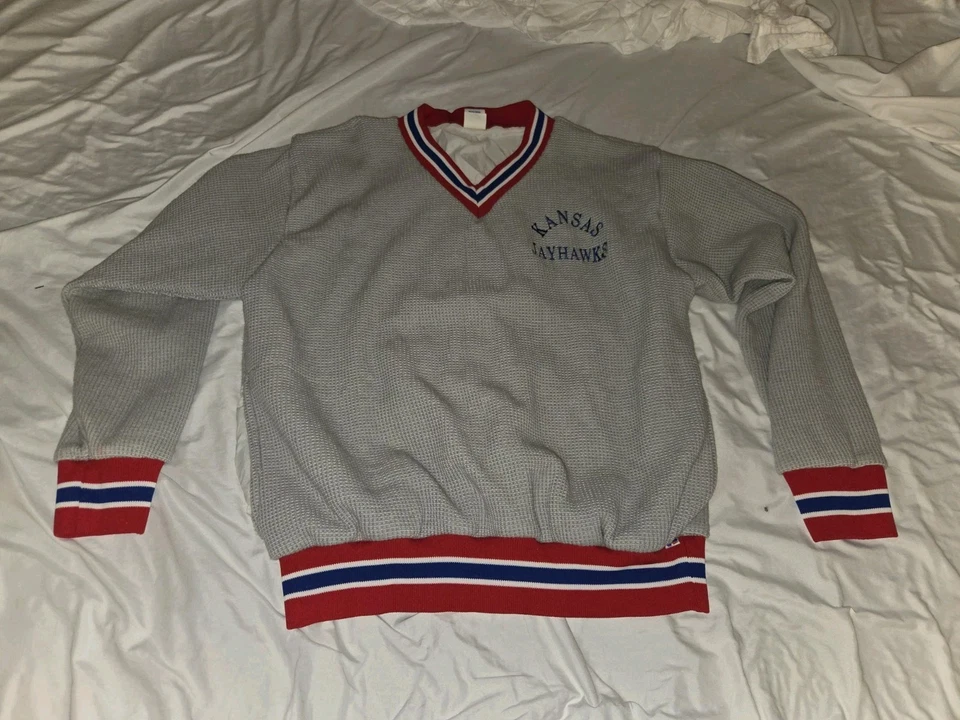 Vintage 80s Kansas Jayhawks V-Neck Waffle Knit Pullover Sweater Jacket Men's L - Image 2 of 4