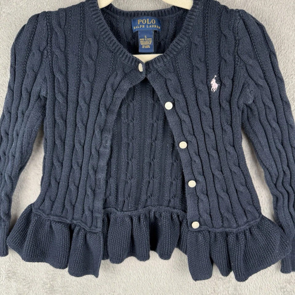 Polo Ralph Lauren Cárdigan Suéter Niñas 6 Peplum Azul Marino Cable Tejido Preppy Foto 2 de 4