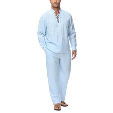 Mens 2 Pieces Cotton Linen Set Long Sleeve Shirts Casual Drawstring Yoga Pant...