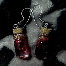 Handcrafted Glass Bottle Dangle Earrings with Blood Red Liquid and Cork Stoppers