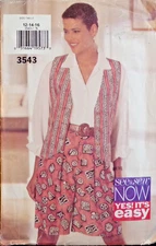 See & Sew Sewing Pattern 3543 Misses Lined Vest Pull On Shorts Sizes 12-16 CUT