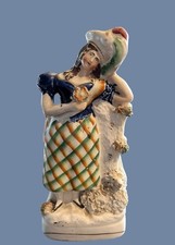 19th c. Staffordshire Flatback Scottish Woman With Sheep Figurine