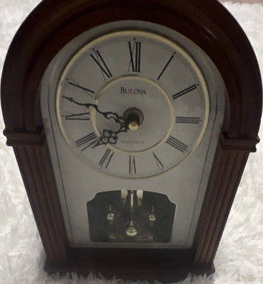 Bulova B8894 Westminster Chime Arched Wood Mantel Clock Roman Dial Quartz