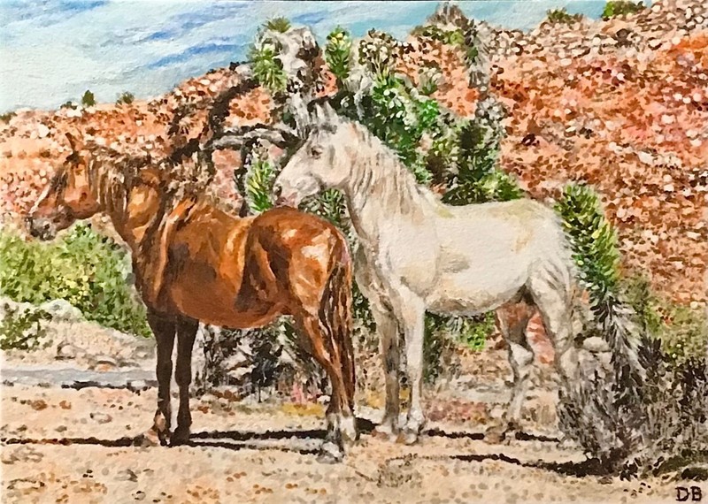 ACEO Original Art Wild Horses by Trees Acrylic and Gouache Painting Baptista