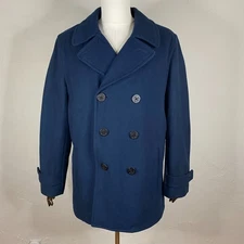 Lands End Pea Coat Mens Large Navy Naval Wool Blend Double Breasted Fisherman