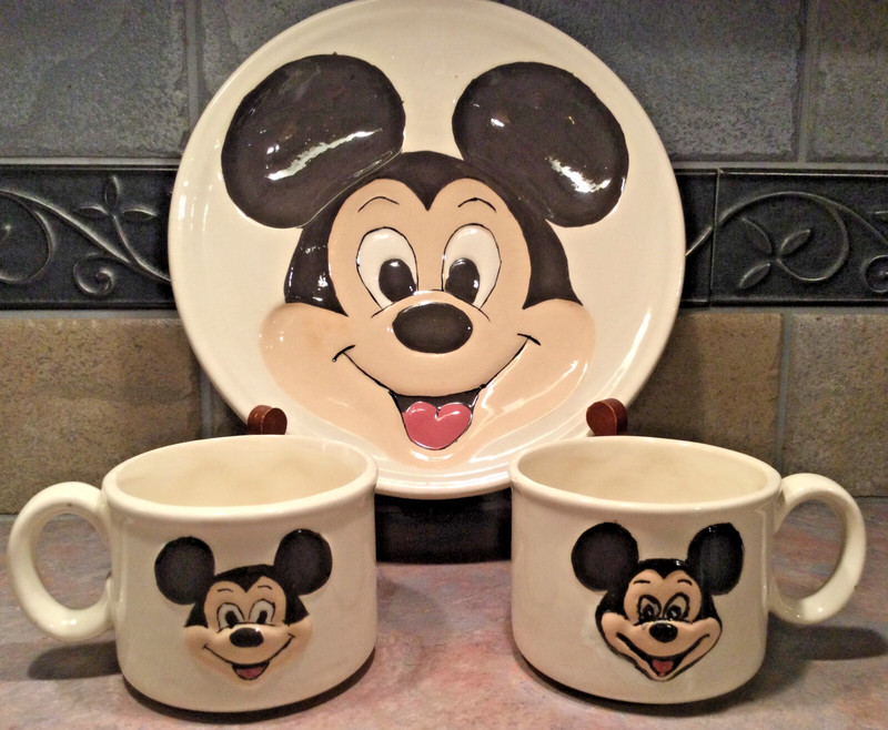 Vintage Walt Disney Productions Handpainted Mickey Mouse Ceramic Plate & 2 Mugs