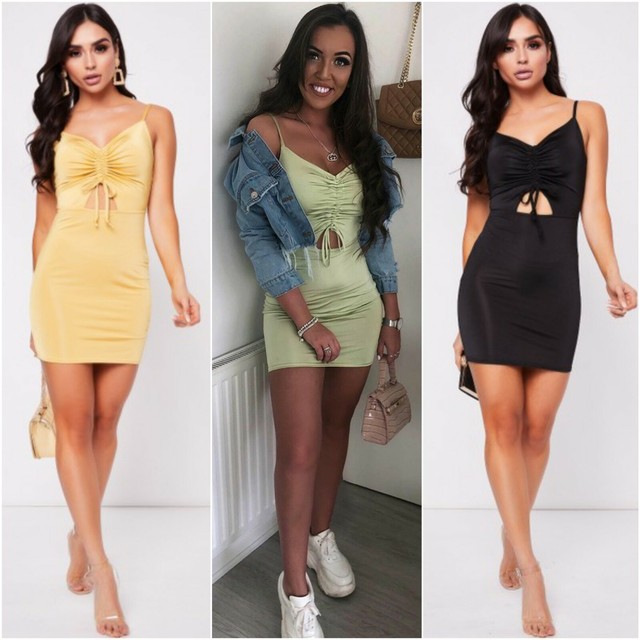 ruched front strappy bodycon dress