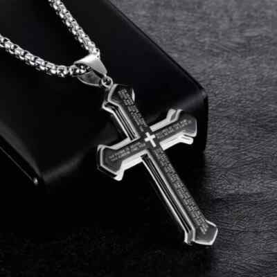 Men Cross Pendant Necklace Stainless Steel Multilayer Lord's Prayer Chain 24''