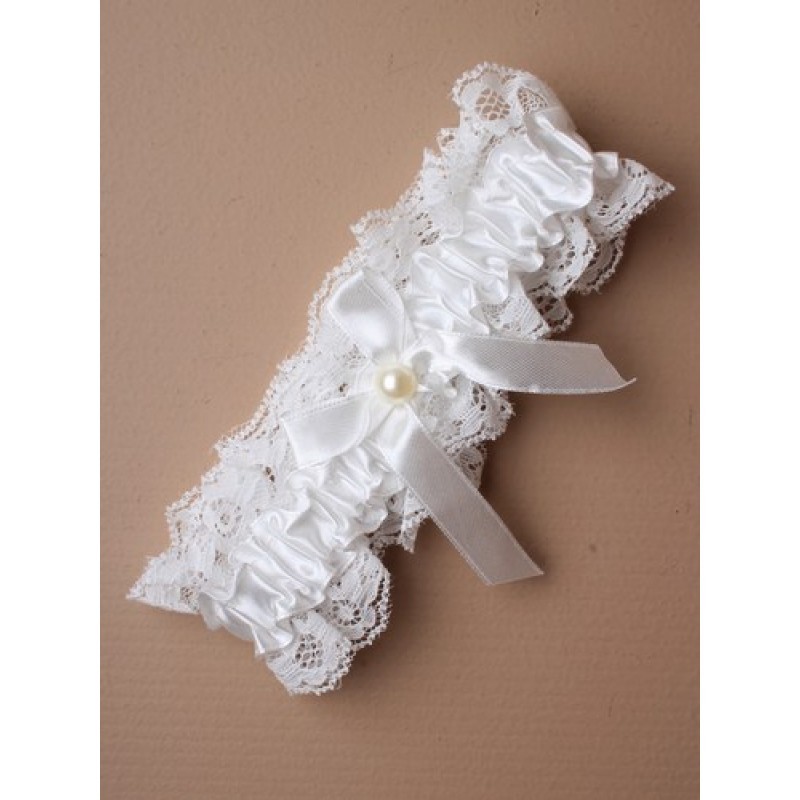 NEW Off White Lace And Ribbon Pearl Bead And Bow Wedding Bride Garter UK