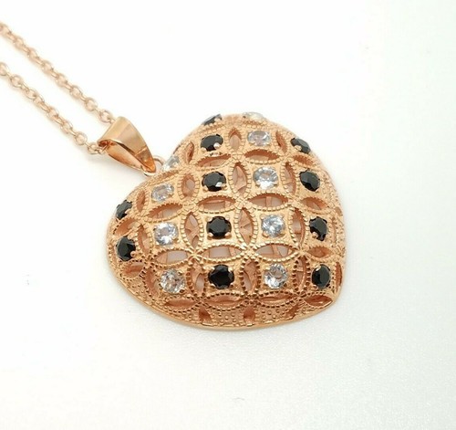 Sterling Silver Rose Gold Plated Blue Topaz Black Spinel Pendant Necklace18" - Picture 2 of 12