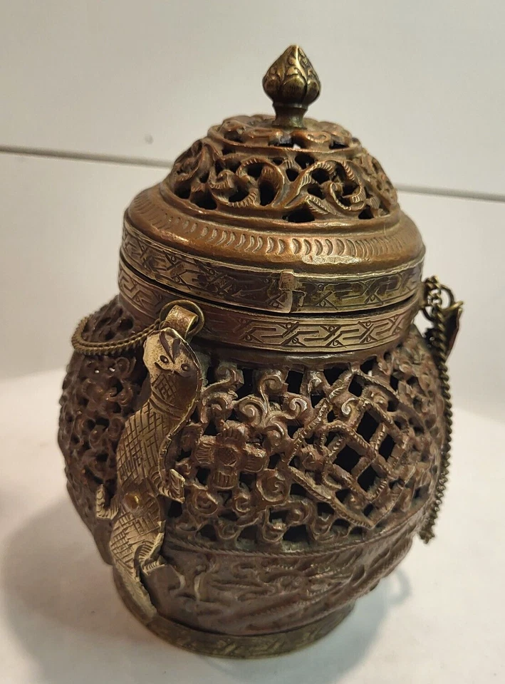 Brass Copper Asian Dragon Incense Burner chains Lid Engraved elaborate vintage - Image 4 of 4