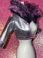 Barbie Fashion Fever Silver Leather Look  Jacket w Purple Fur Trim Mattel 🟣