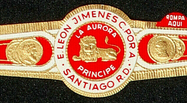 450BtN-VITOLA Antigua-Old Cigar Band LA AURORA PRINCIPE E. LEON JIMENES C. POR A