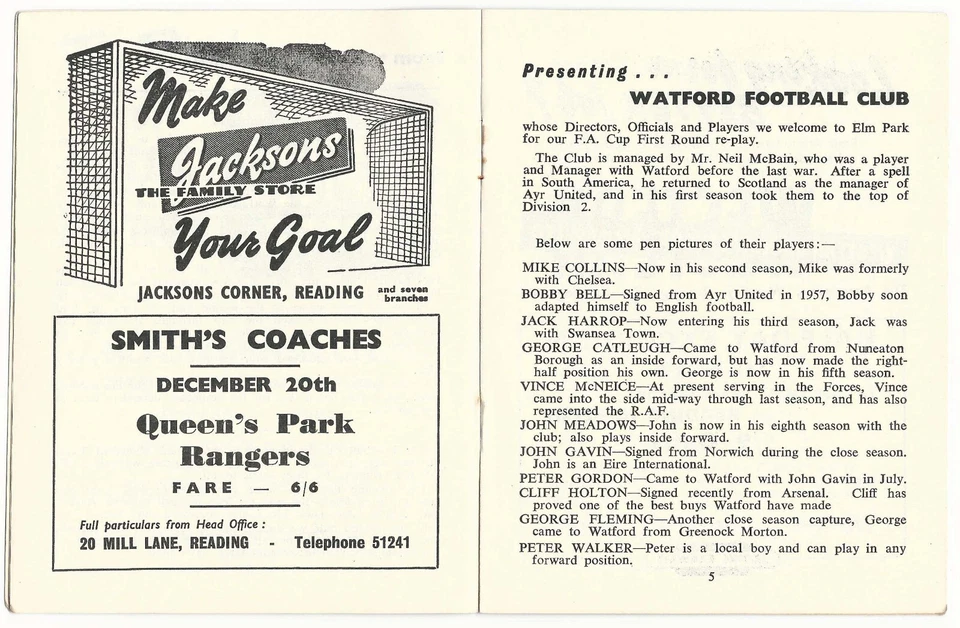 VINTAGE FOOTBALL PROGRAMME READING v WATFORD 19th NOVEMBER 1958 - Image 4 of 4