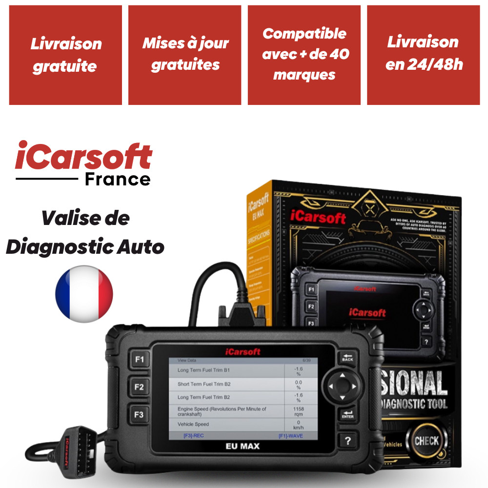 Outil diagnostic auto en français multimarque iCarsoft EU Max valise obd2 essence diesel