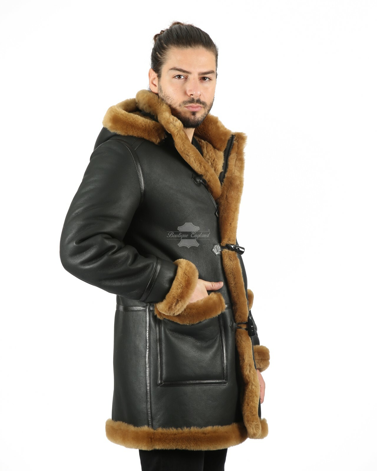 ALTRA Cappotto borsone uomo pelle di pecora marrone pelliccia di zenzero cappuccio 100% shearling ivar