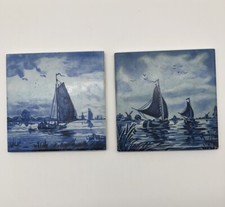 Blue and White Sailing Ships •Ceramic Tiles (2 Ct) Flat Finish • Made In USA