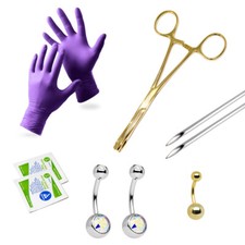 LionGothic Navel Piercing Kit Surgical Steel with Anodized Gold Forceps